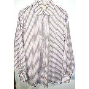 Michael Kors Mens Non-Iron Button-Down Dress Shirt Size Large  Tan/White Stripes